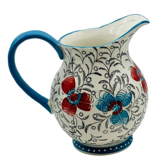 Dutch Wax Floral Pitcher Blue Red Flowers Handpainted Ceramic Coastline Imports - Picture 3 of 10